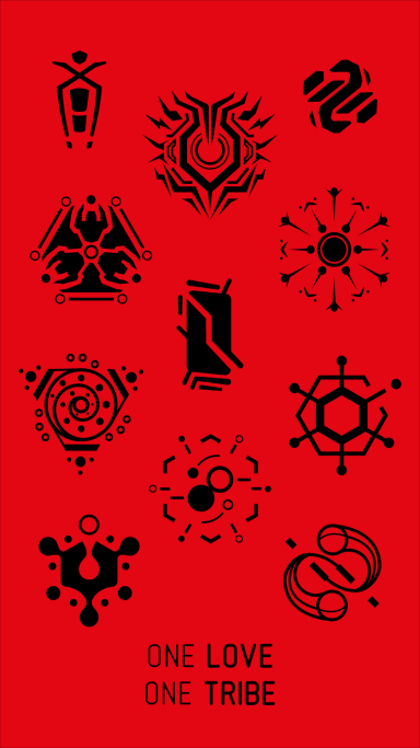 Zeichnungen von Symbolen auf rotem Hintergrund mit dem Text "ONE LOVE ONE TRIBE".