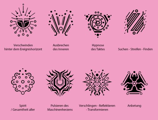 Verschiedene stilisierte Symbole auf pinkem Hintergrund.