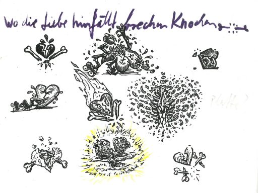 Illustration von herzförmigen Motiven und Schwärzen mit handschriftlichem Text.