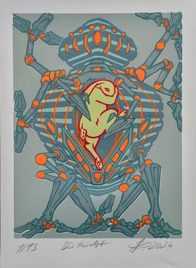 Buntes grafisches Kunstwerk mit einem Käfer und einer stilisierten Figur im Inneren.
