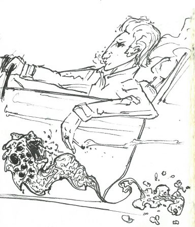 Karikatur eines Mannes, der entspannt in einem Fahrzeug sitzt, mit verschnörkelten Details.
