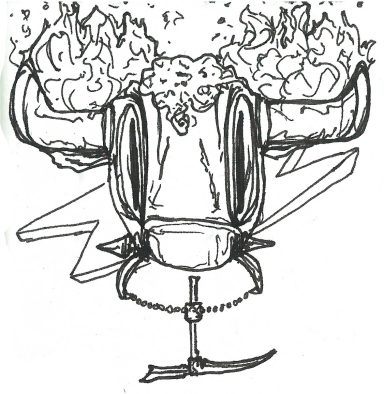 Ein stilisierter Kopf eines Bullen mit Flammen und elektrischen Blitzen.