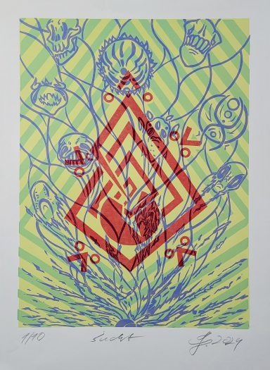 Geometrisches Kunstwerk mit roten und blauen Formen auf gelbem Hintergrund.