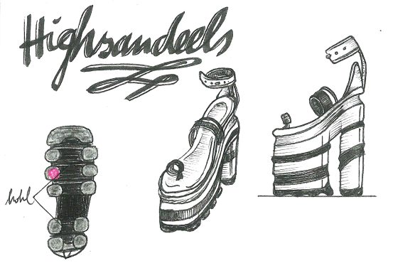 Skizze von Highsandalen mit unterschiedlichen Ansichten und Details.