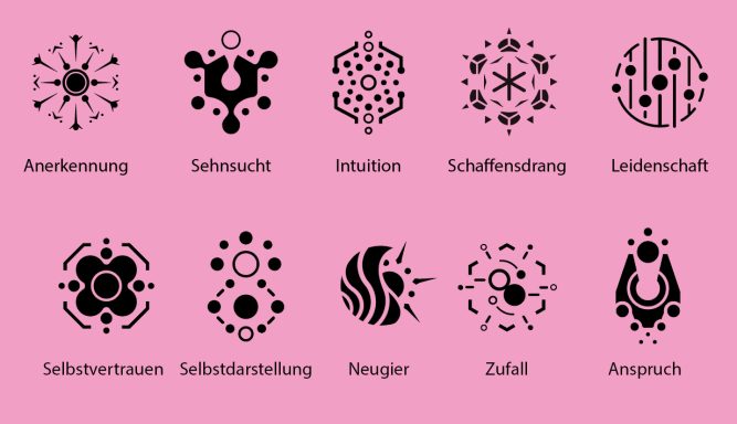 Symbole für verschiedene Konzepte, angeordnet auf rosa Hintergrund.