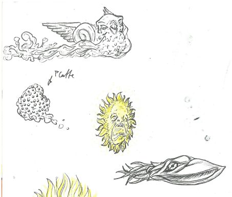 Gezeichnete Fantasiefiguren: eine Eule, ein Sonnenkopf, ein Tintenfisch und Wolken.