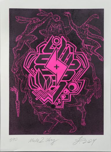 Futuristische, pinkfarbene Grafik mit geometrischen Formen und stilisierten Figuren.