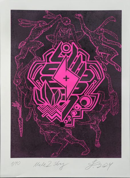 Abstrakte grafische Komposition in Pink mit geometrischen und organischen Formen.