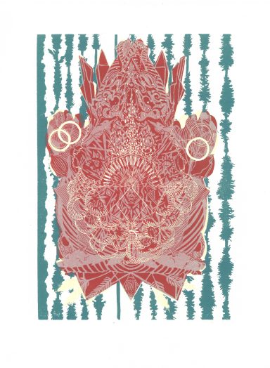Kunstwerk mit roten und blauen Mustern, die ein abstraktes Design darstellen.