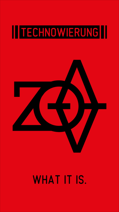 Rote Fläche mit schwarzem Logo und dem Text "TECHNOWIERUNG" und "WHAT IT IS."