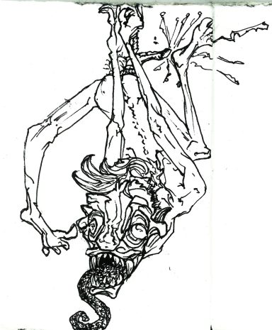 Ein skurriles, verzerrtes Wesen mit langen Gliedmaßen und groteskem Gesicht.