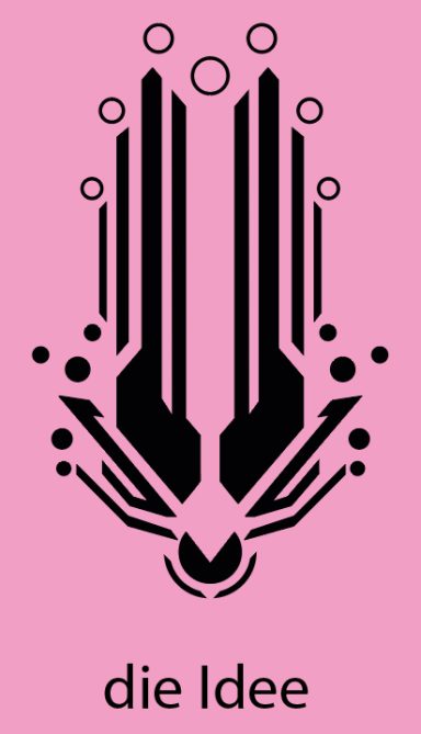 Schwarzes grafisches Design mit stilisierten Linien und Kreisen auf rosa Hintergrund.