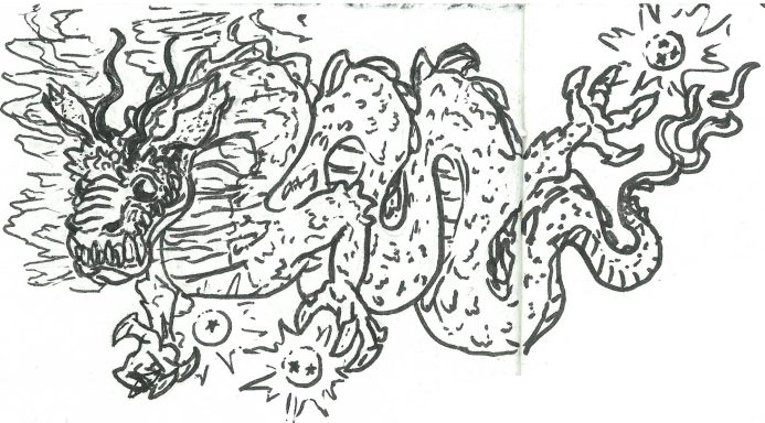 Ein fantasievoller Drache mit einer geschwungenen Form und zusätzlichen Symbolen im Hintergrund.