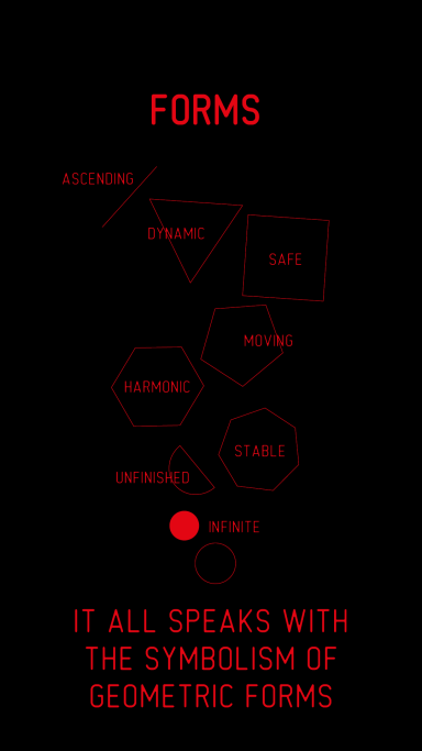 Schriftzug "FORMS" mit geometrischen Formen in rot und schwarz angeordnet.