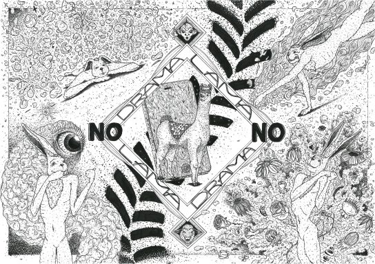 Kunstvolle Präsentation mit "NO" an zentraler Stelle und stilisierten Figuren und Pflanzen.