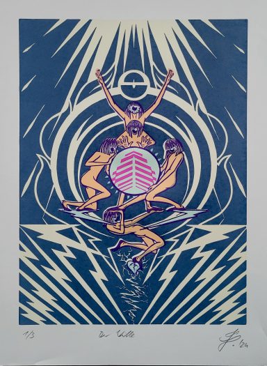 Farbenfrohe Grafik mit tanzenden Figuren und geometrischen Mustern, umgeben von Blitzen.